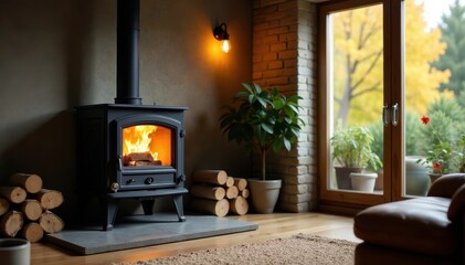 Fototapeta premium Cozy atmosphere with wood and pellet fuel stove , wood stove, rustic decor
