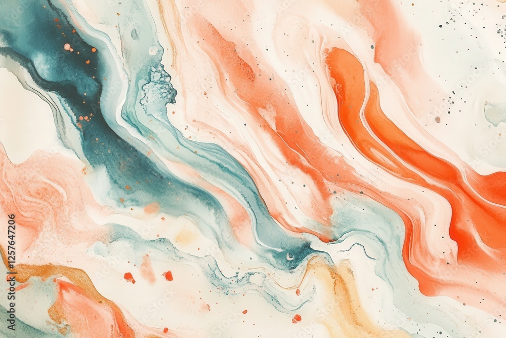 Poster 4k image of colorful watercolor paints flowing and blending on textured paper, creating an abstract 