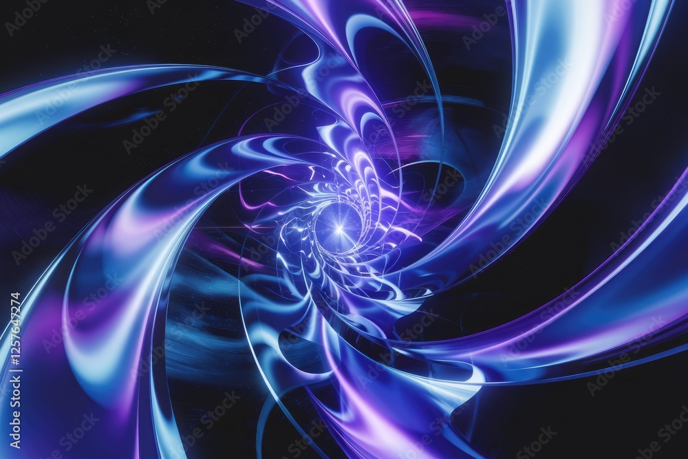 Poster abstract swirling vortex of vibrant blue and purple hues, creating a mesmerizing cosmic tunnel effec