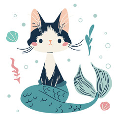Cute mermaid kitten swimming in the sea. Flat vector illustration in a simple children's style. Vector illustration