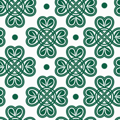 Pattern with four-leaf clover and Celtic knot in green tones on a white background