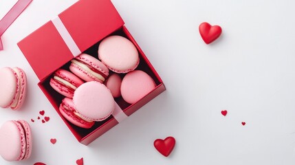Fototapeta premium Macarons in heart shape in gift box isolated on pink background,events,aniversary festival gift set,french macaron cookies,trendy 2025,couple valentine Romantic love or pastry shop.