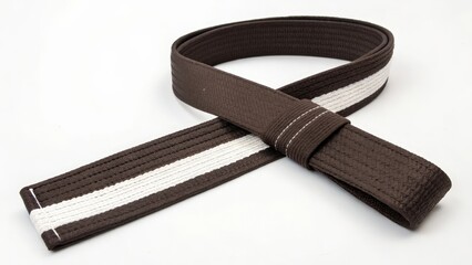 Brown Martial Arts Belt with White Stripe on White Background