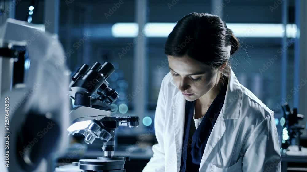 Poster a scientist in a lab coat examines a microscope, shot from a side angle. the video captures a focuse