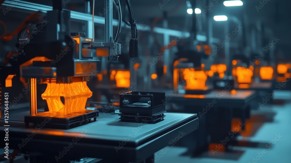 Poster a factory floor with multiple 3d printers working in unison to mass-produce complex parts for machin