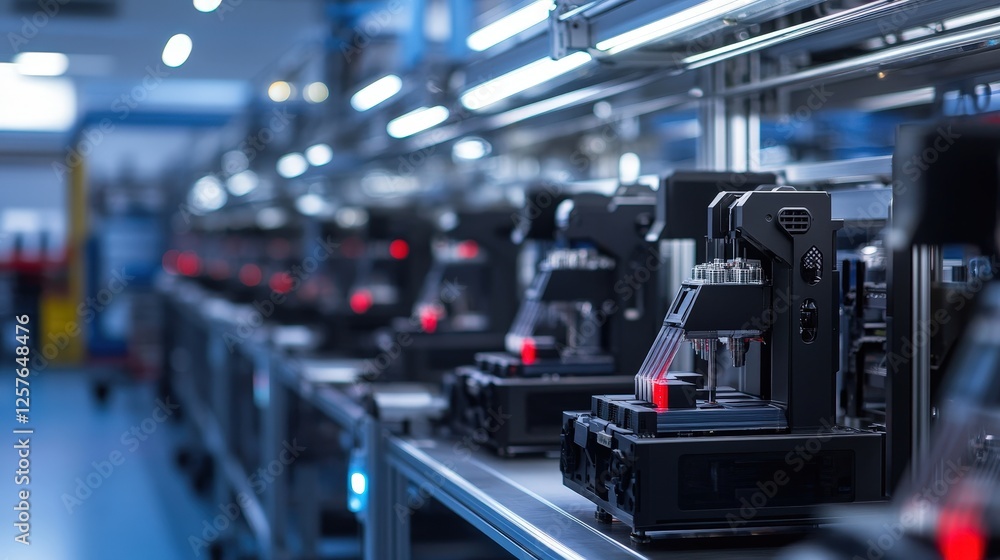 Poster a factory floor with multiple 3d printers working in unison to mass-produce complex parts for machin