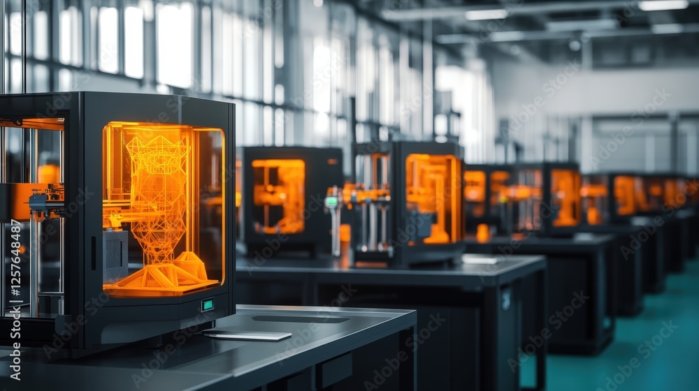 Poster a factory floor with multiple 3d printers working in unison to mass-produce complex parts for machin
