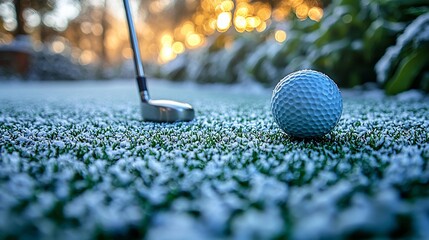 Snow-covered golf course at sunrise with a golfer preparing to putt on frosty grass