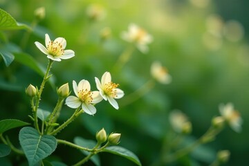 Obraz premium Delicate white blossoms gently sway in a soft green garden, bathed in the warm glow of sunlight, creating a serene and peaceful atmosphere.