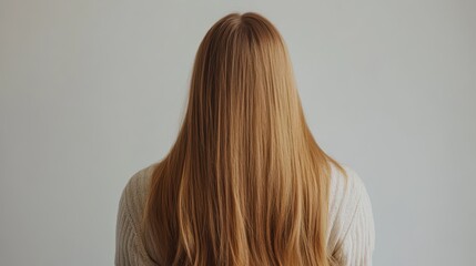 Naklejka premium Beautiful model girl with Blond hair strand,silky healthy wavy hair strand,hair wavy ribbon, with smooth,Keratin straightening,Treatment,straight long hair,procedures,Smooth hairstyle.