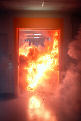Dramatic image of a fiery explosion erupting from a doorway, engulfed in smoke and flames.  Perfect for illustrating concepts of danger, emergency response, or disaster scenarios.