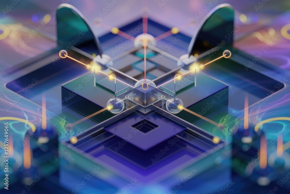 Poster abstract 3d rendering of interconnected geometric shapes, glowing orbs, and vibrant colors, showcasi