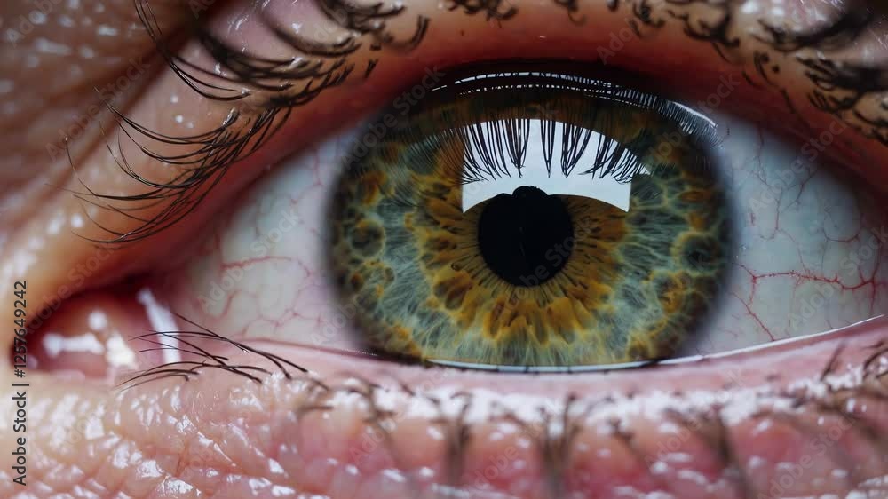 Poster a animal’s eye with intricate reflections and slight pupil dilation, creating an intense and mesmeri