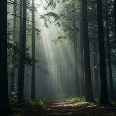 Obraz premium Fog in nature, mystical forest and beautiful scenery