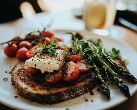 Generative AI, Charred Tomato & Asparagus Tartine with Whipped Goat Cheese