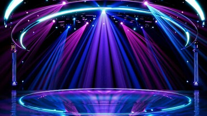 A video concept featuring a vibrant stage with colorful spotlights and a starry backdrop. The camera angle is wide, capturing the entire scene.
