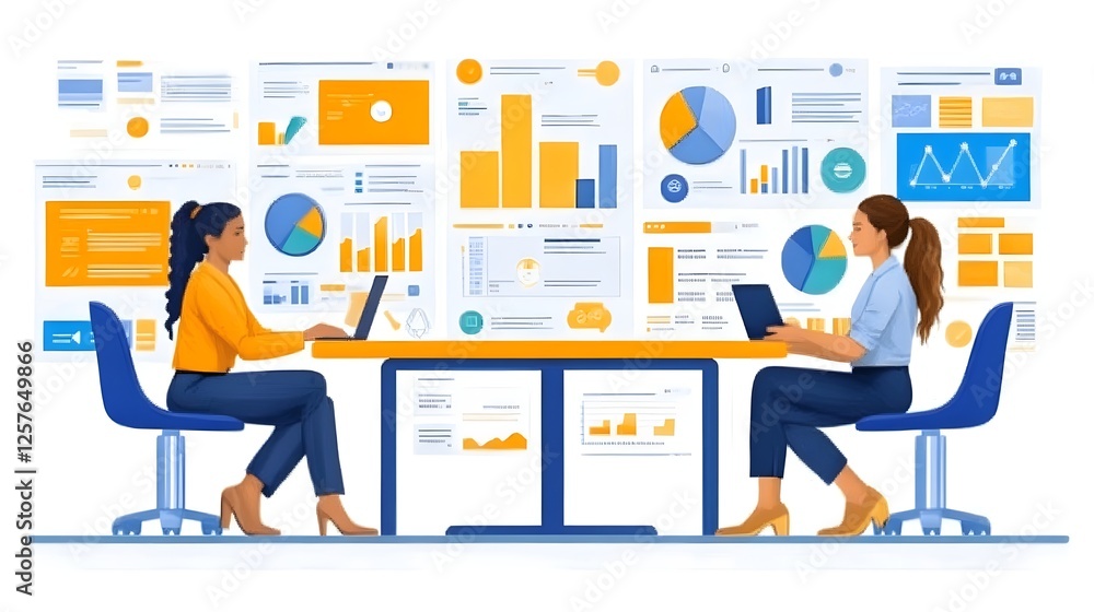 Poster data analysis collaboration: two diverse businesswomen collaborate on a data analysis project, surro