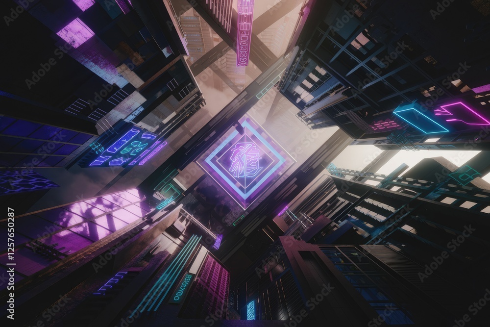 Poster a futuristic city scene with neon signs and towering buildings, creating a vibrant and dynamic atmos