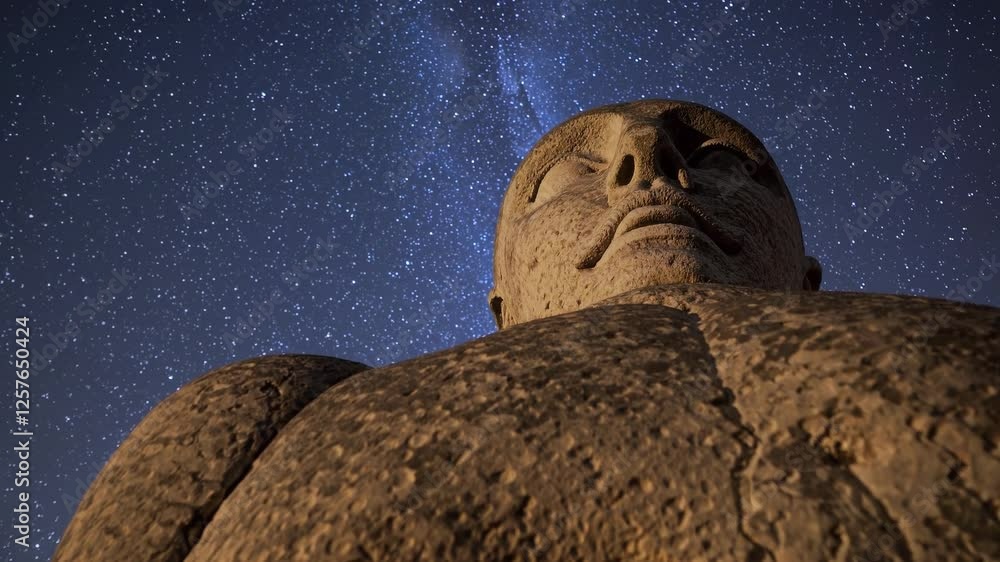 Poster an ancient stone sculpture, with soft shadows and highlights enhancing the depth and grandeur of the