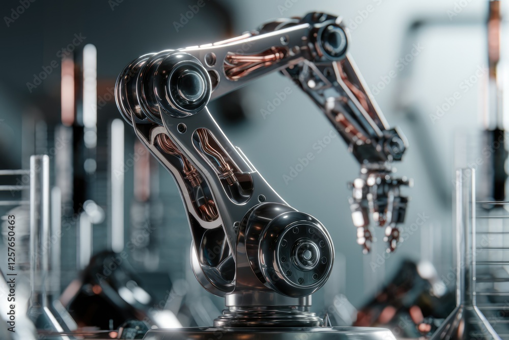 Poster close-up of a sophisticated robotic arm, showcasing intricate metallic design and precision engineer