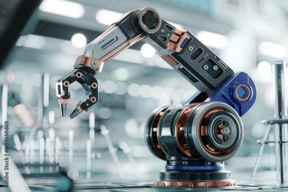 Poster a robotic arm with intricate details performs precision tasks in a futuristic industrial setting.