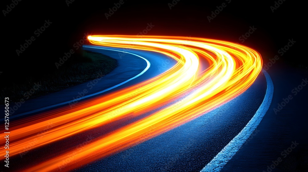 Poster light trails on winding road: a captivating abstract image captures the essence of movement and spee