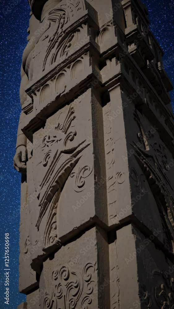 Poster an ancient stone sculpture, with soft shadows and highlights enhancing the depth and grandeur of the