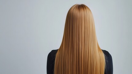 Naklejka premium Beautiful model girl with Blond hair strand,silky healthy wavy hair strand,hair wavy ribbon, with smooth,Keratin straightening,Treatment,straight long hair,procedures,Smooth hairstyle.