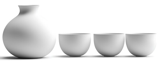 • A compact ceramic sake set, featuring a slender flask and two petite cups, occupies a precise central position on a stark white background. High-contrast illumination emphasizes the vessel’s 