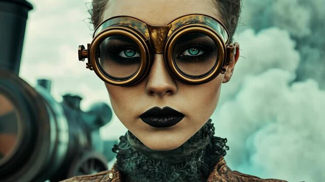 Steampunk cosplayer posing near steam train with goggles