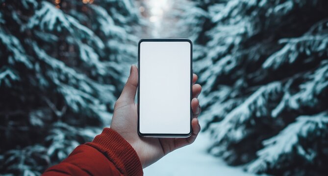 Person holding a smartphone in a snowy forest during winter with tall trees in the background - Powered by Adobe