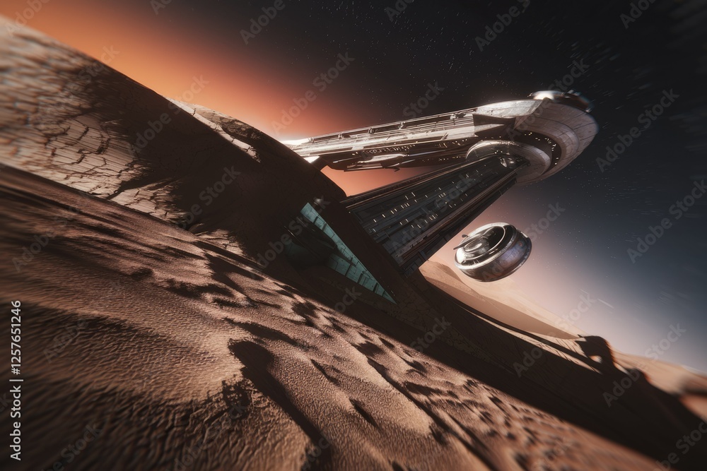 Poster a futuristic spaceship crashes into a martian dune, its metallic structure partially buried in the r