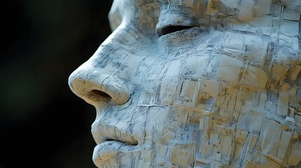 Obraz premium Wood Carving Close-Up: A close-up portrait of a meticulously crafted wooden sculpture, capturing the intricate details and textural variations of the wood. The sculpted face.