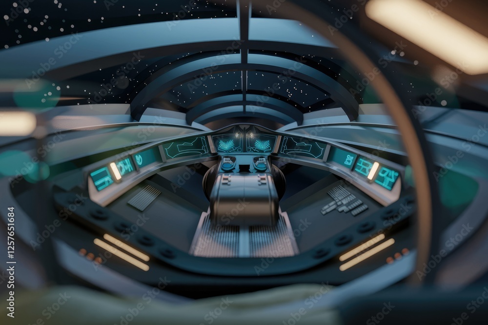 Aufkleber Futuristic spaceship cockpit view with illuminated control panels and starry backdrop.