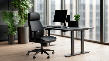 office space with adjustable desk and ergonomic chair