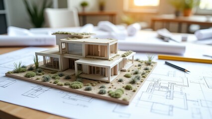 a detailed model of a modern house sitting on architectural blueprints, with a pencil and other tools on a wooden table. The model features a green roof, a spacious balcony, large windows - Generativ.