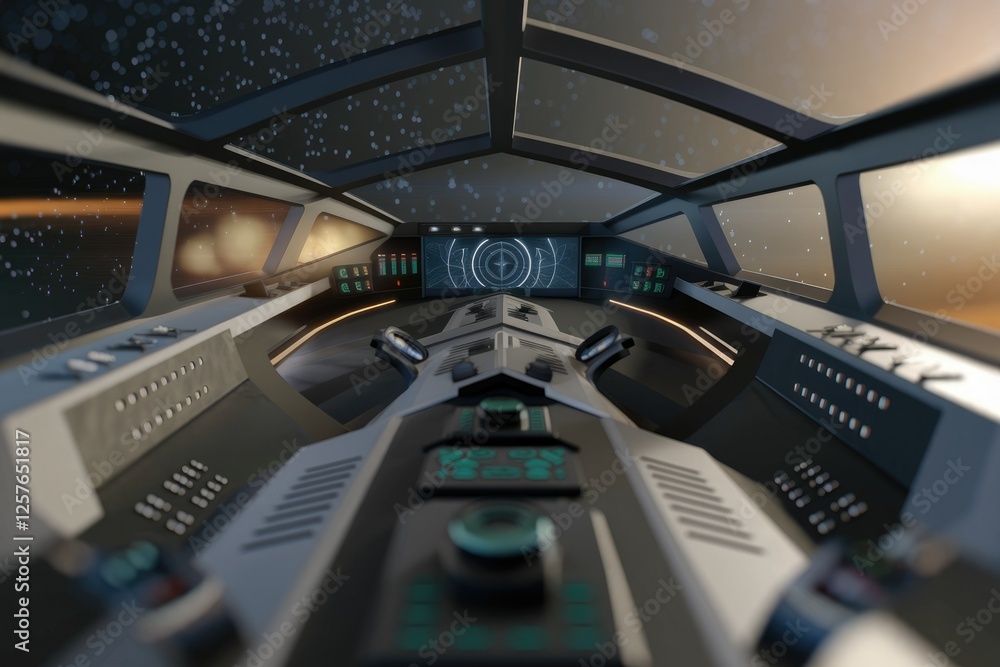 Poster Futuristic spaceship cockpit view from pilot's seat, showcasing advanced controls and a starry backdrop.