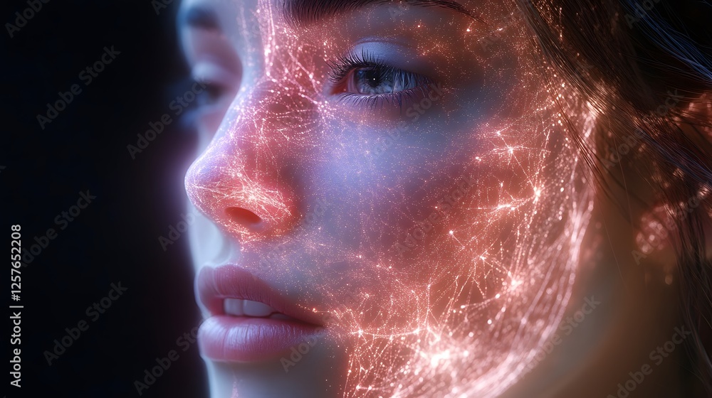 Poster digital anatomy: close-up of a woman's face, half overlaid with a futuristic, glowing network of lin