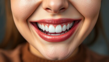 Close-up of a bright, white smile with red lipstick. Suitable for dental clinics, beauty products, or cosmetic surgery promotions.