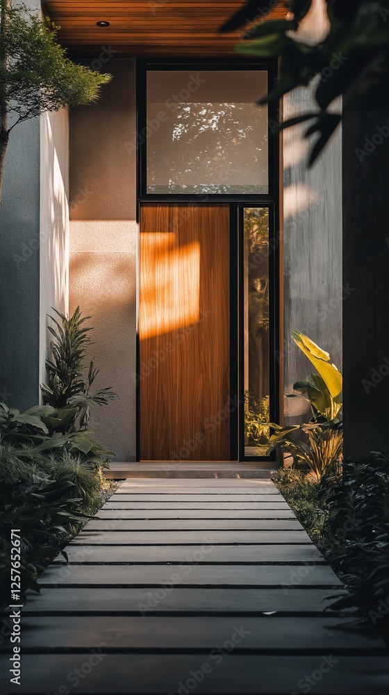 Poster a modern, minimalist architectural scene centered on a path leading to a building entryway.