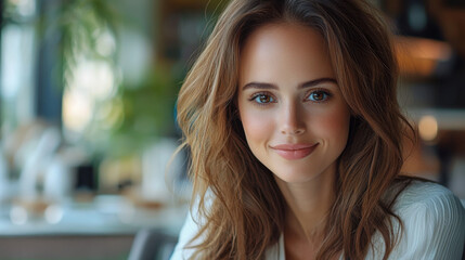 Obraz premium Young woman with warm smile sitting at a modern cafe enjoying a relaxing afternoon surrounded by greenery and soft lighting