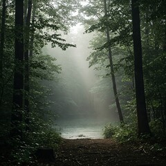 Obraz premium Fog in nature, mystical forest and beautiful scenery