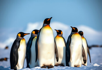 Fototapeta premium Emperor penguins form a gathering on Snow Hill Island in Antarctica as the soft evening light casts a serene glow over the snowy landscape.