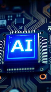 Close-up view of a microchip displaying AI technology, surrounded by intricate circuit patterns, symbolizing innovation