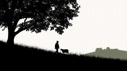 Minimalist Black & White Shepherd Silhouette – A Peaceful Rural Scene for Art, Wallpapers, and Creative Designs