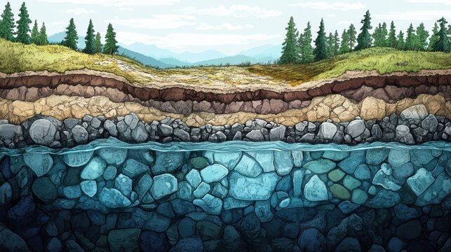 A detailed illustration of an aquifer below the ground,