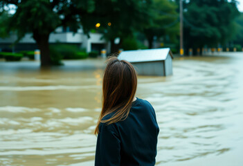 Concerned woman looks at rising water levels as floodwaters engulf the area, signaling an urgent need for safety measures.