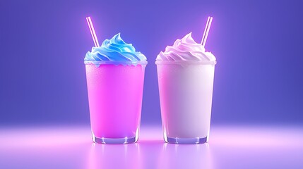 Two Vibrant Pink And Blue Milkshakes With Whipped Cream And Neon Lighting