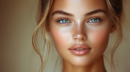 Fototapeta premium Portrait of a young woman with striking features and radiant skin, captured in soft lighting