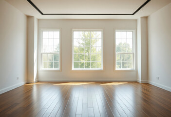 Fototapeta premium Open space featuring large windows that bring in abundant natural light, highlighting the warm wooden floor of this minimalist room.